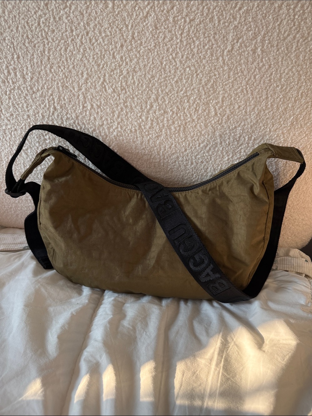 Baggu Olive Green Nylon Crossbody Shoulder Bag with Branded Strap